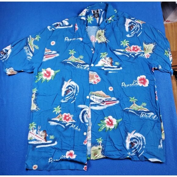 Warner Bros Bugs Bunny Taz Devil surfing Button-front Hawaiian Shirt Size Large - Picture 1 of 15